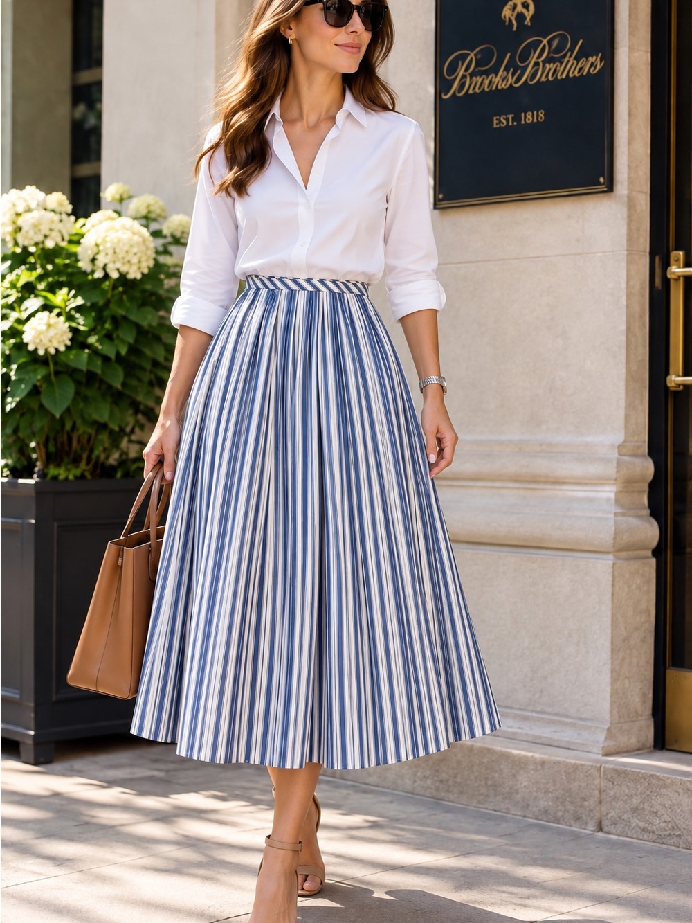 Brooks Brothers Blue & White Striped A-Line Midi Skirt Size 8 NWT 100% Cotton
